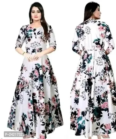Women's Printed Full Long Gown Dress Kurti for Casual and Work wear for Women and Girls White Multi-thumb0