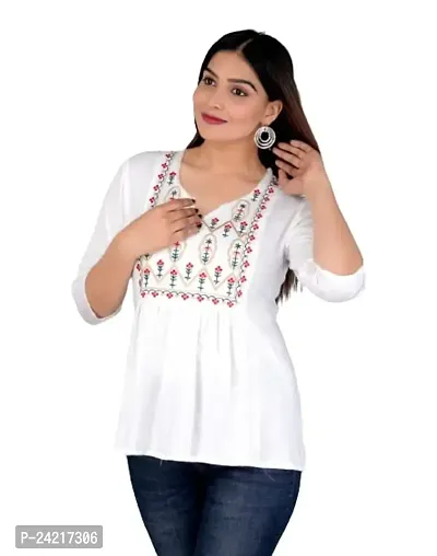 Women Embroidered Viscose Rayon Cape Top Kurta for Women Girls Regular Wear Top Office Wear Top Color White (Medium)