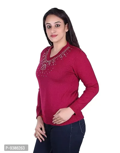 Ogarti Woollen Full Sleeve V Neck Magenta Women's Sweater-thumb2