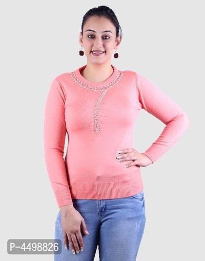 Women's Solid Peach Acrylic Pullover Sweaters