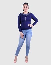 Women's Solid Blue Acrylic Pullover Sweaters-thumb3