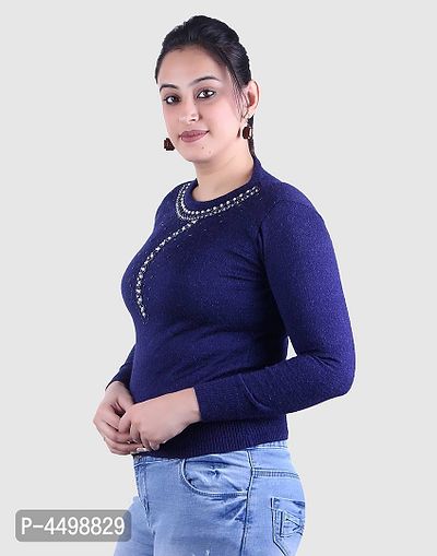 Women's Solid Blue Acrylic Pullover Sweaters-thumb2