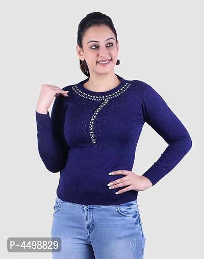 Women's Solid Blue Acrylic Pullover Sweaters-thumb0