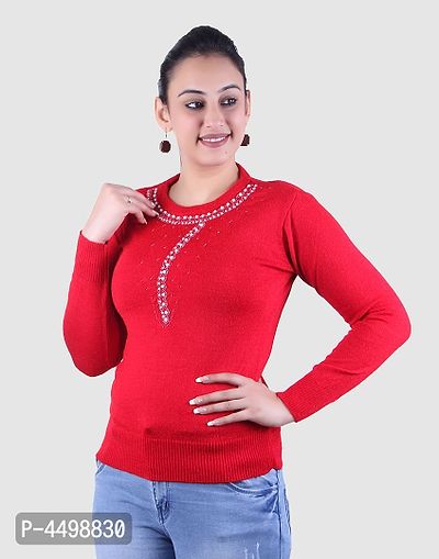 Women's Solid Red Acrylic Pullover Sweaters