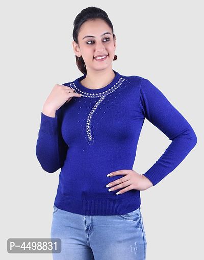 Women's Solid Blue Acrylic Pullover Sweaters