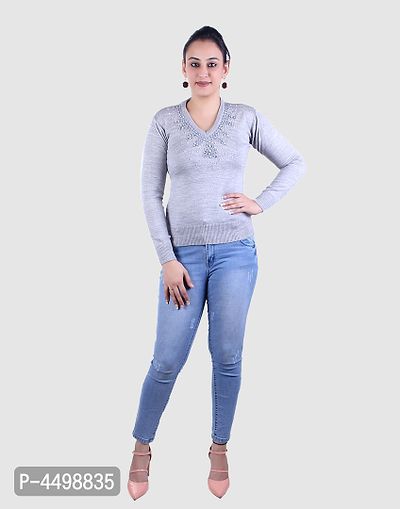 Women's Solid Grey Acrylic Pullover Sweaters-thumb4