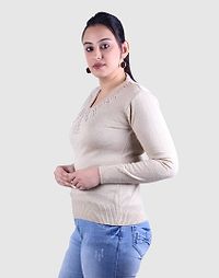 Women's Solid Beige Acrylic Pullover Sweaters-thumb1