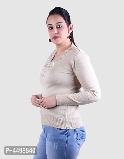 Women's Solid Beige Acrylic Pullover Sweaters-thumb2