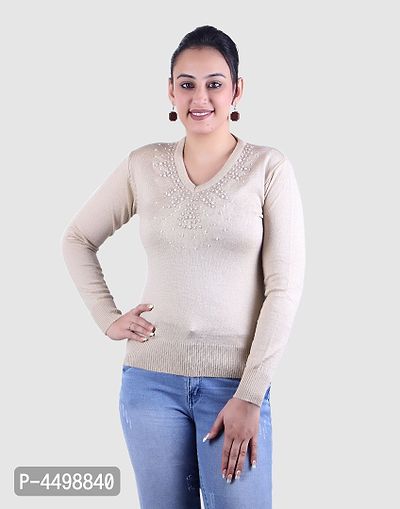 Women's Solid Beige Acrylic Pullover Sweaters-thumb0