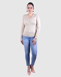 Women's Solid Beige Acrylic Pullover Sweaters-thumb3