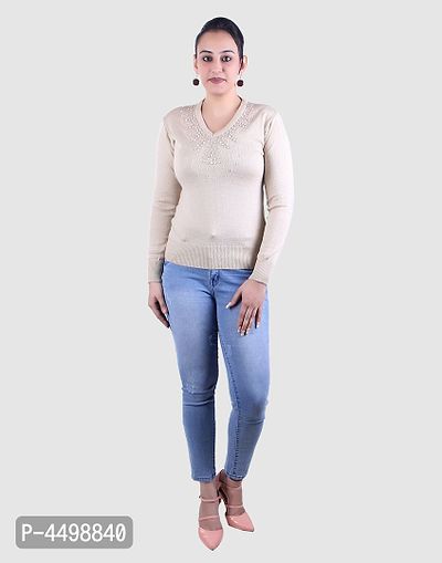 Women's Solid Beige Acrylic Pullover Sweaters-thumb4