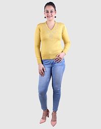 Women's Solid Yellow Acrylic Pullover Sweaters-thumb3