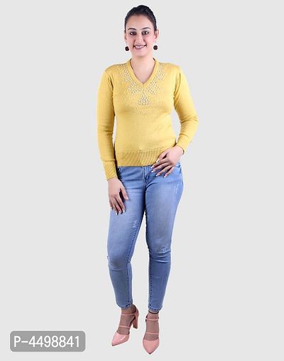 Women's Solid Yellow Acrylic Pullover Sweaters-thumb4