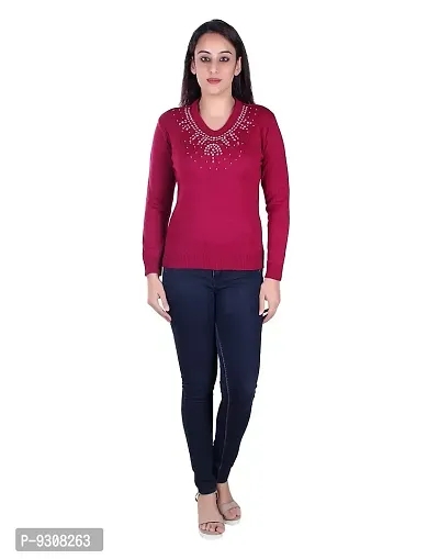 Ogarti Woollen Full Sleeve V Neck Magenta Women's Sweater-thumb4