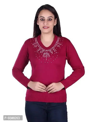 Ogarti Woollen Full Sleeve V Neck Magenta Women's Sweater