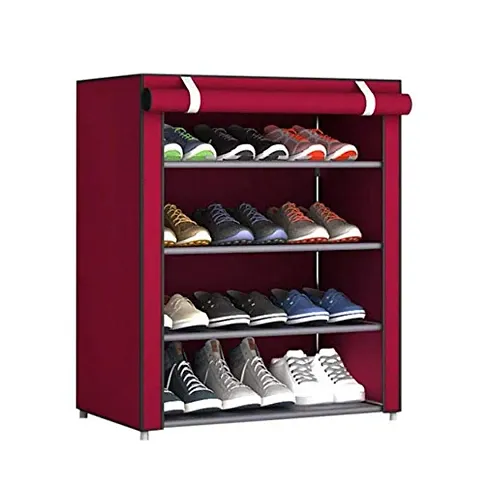 4 Layer  Plastic Book/Shoe/Cloth Foldable Rack for Anywhere Use Maroon  Color