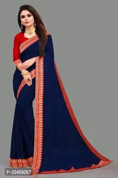 Beautiful Art Silk Navy Blue Lace Work  Saree with Blouse piece For Women-thumb0