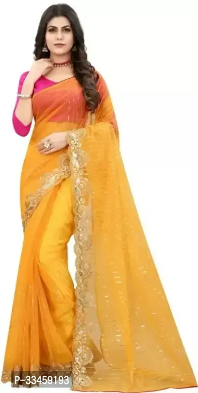 Beautiful Net Yellow Embroidered  Saree with Blouse piece For Women-thumb0