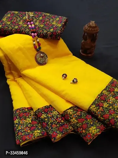 Beautiful Cotton Yellow Self Pattern  Saree with Blouse piece For Women-thumb0