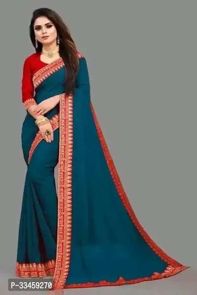 Beautiful Art Silk Blue Lace Work  Saree with Blouse piece For Women-thumb0