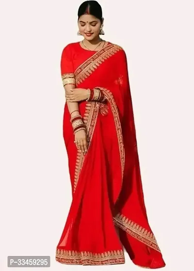 Beautiful Art Silk Red Lace Work  Saree with Blouse piece For Women-thumb0