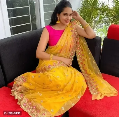 Beautiful Net Yellow Embroidered  Saree with Blouse piece For Women