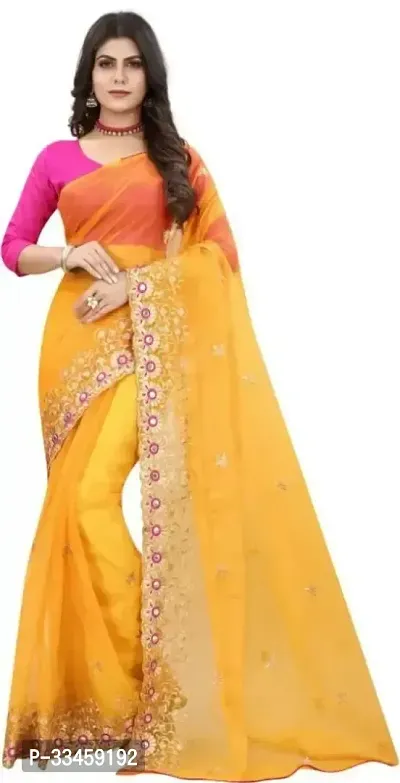 Beautiful Net Yellow Embroidered  Saree with Blouse piece For Women-thumb0