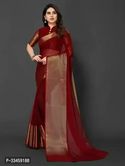 Beautiful Chiffon Maroon Zari  Saree with Blouse piece For Women