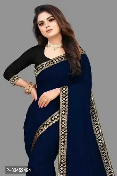 Beautiful Art Silk Navy Blue Lace Work  Saree with Blouse piece For Women-thumb0