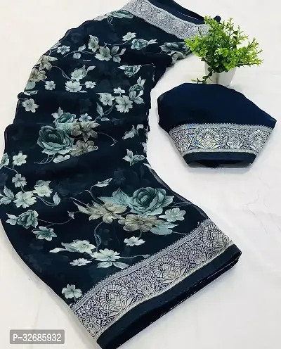 Elegant Navy Blue Georgette Saree with Blouse piece For Women-thumb0