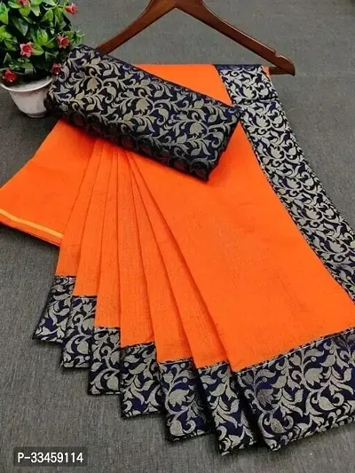 Beautiful Chanderi Cotton Orange Lace Work  Saree with Blouse piece For Women-thumb0