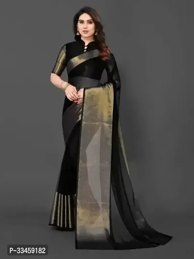 Beautiful Chiffon Black Zari  Saree with Blouse piece For Women-thumb0