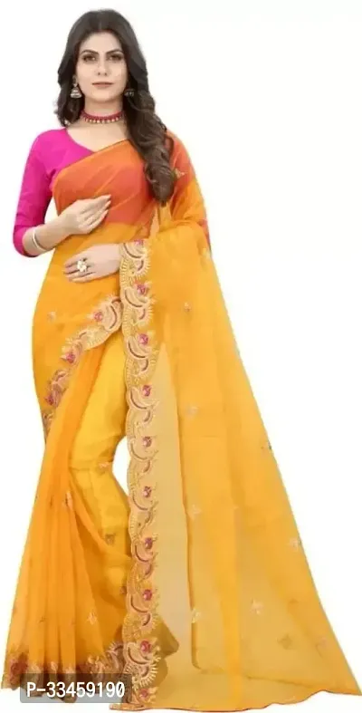 Beautiful Net Yellow Embroidered  Saree with Blouse piece For Women-thumb0