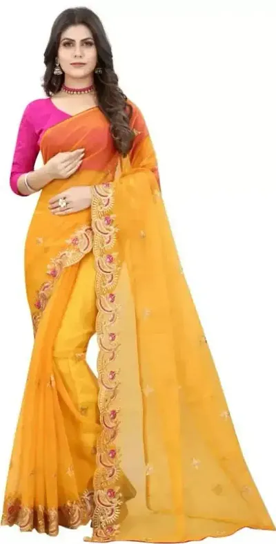 Net Embroidered Cut Piping Border Sarees with Dupion Silk Blouse Piece