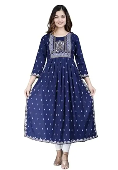 Stylish Rayon A-Line Printed Nayra Cut Kurti