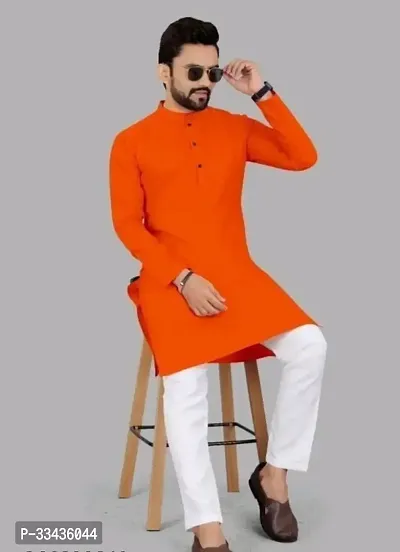 Reliable Orange Polycotton Solid Mid Length Kurta For Men-thumb0