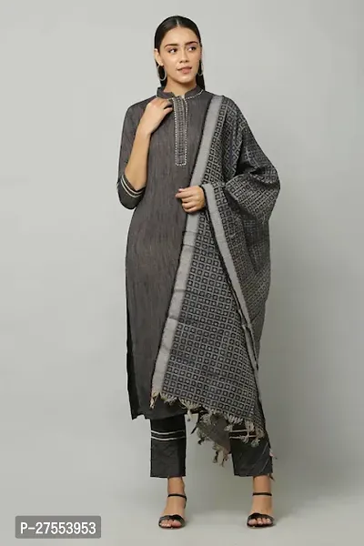 Trendy Black Printed Cotton Lycra Straight Kurta Pant Set With Dupatta For Women