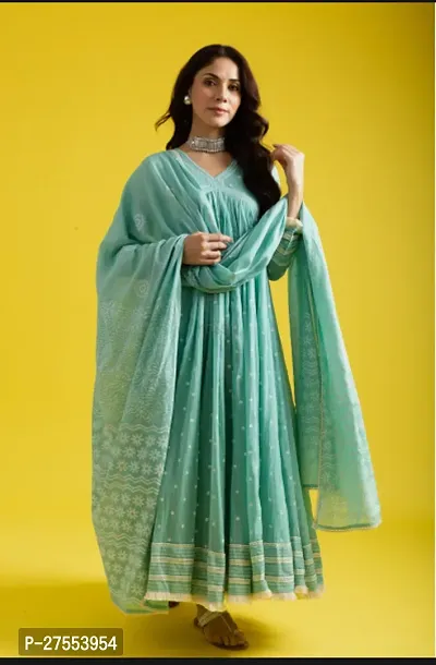 Trendy Green Printed Cotton Lycra Flared Kurta Bottom Set With Dupatta For Women-thumb0