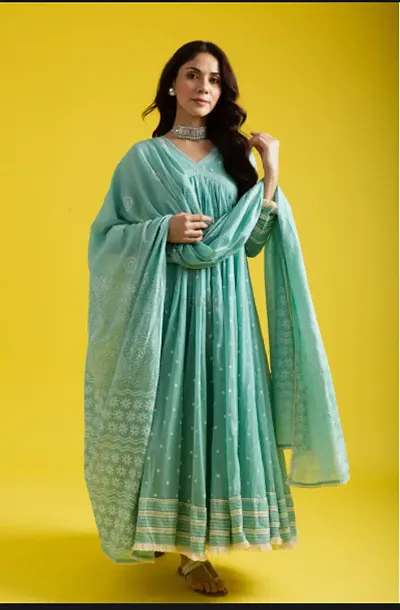 Stylish Khadi Cotton A-Line Printed Kurta with Bottom and Dupatta Set