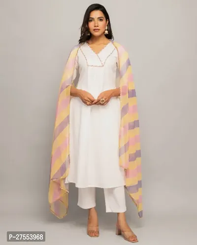 Trendy White Solid Cotton Lycra A-Line Kurta Palazzo Set With Dupatta For Women
