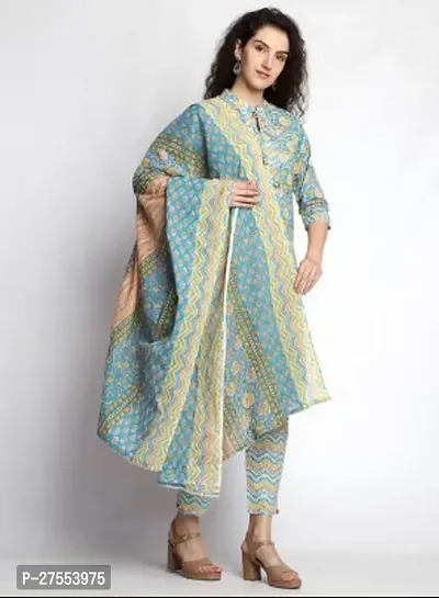 Trendy Blue Printed Cotton Lycra Straight Kurta Pant Set With Dupatta For Women