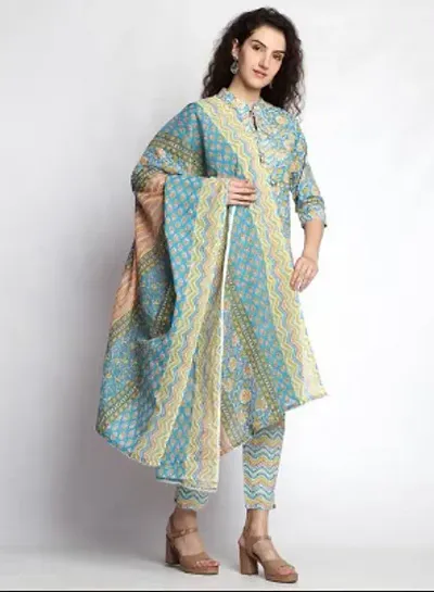 Stylish Khadi Cotton A-Line Printed Kurta with Bottom and Dupatta Set