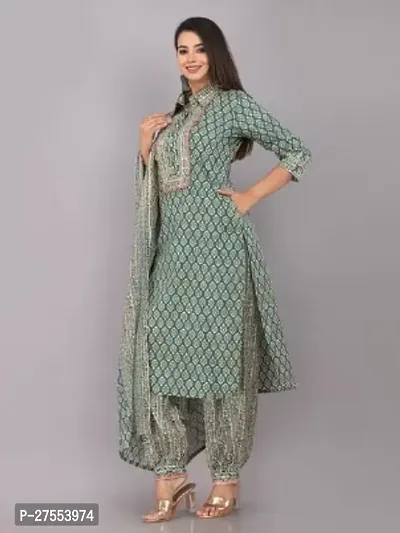 Trendy Green Printed Cotton Lycra Straight Kurta Patiala Pant Set With Dupatta For Women