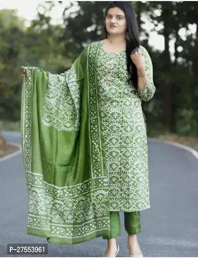 Trendy Green Printed Cotton Lycra Straight Kurta Palazzo Set With Dupatta For Women