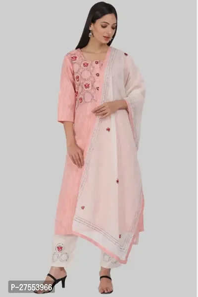 Trendy Pink Embroidered Cotton Lycra Straight Kurta Pant Set With Dupatta For Women