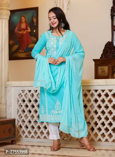 Trendy Turquoise Embroidered Cotton Lycra Straight Kurta Palazzo Set With Dupatta For Women