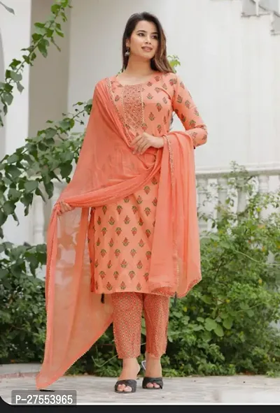 Trendy Peach Printed Cotton Lycra Straight Kurta Pant Set With Dupatta For Women