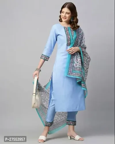 Trendy Blue Embroidered Cotton Lycra Straight Kurta Pant Set With Dupatta For Women