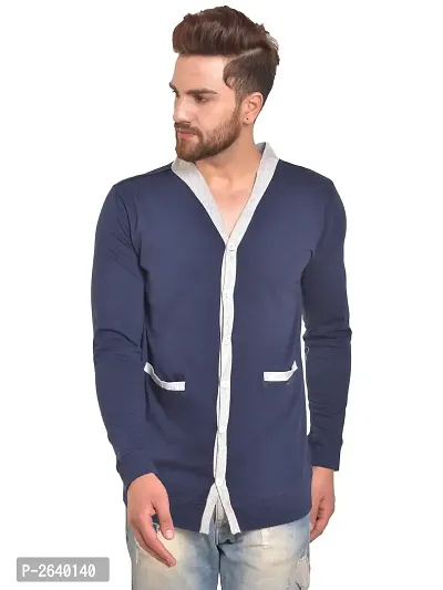 Navy Blue Cotton Long Sleeves Solid Cardigan-thumb0