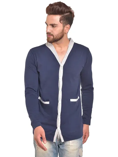 Navy Blue Cotton Long Sleeves Solid Cardigan